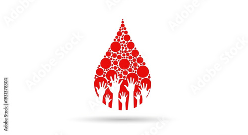 Symbolic red blood drop illustration, intricately formed by many reaching hands, representing vital blood donation, collaborative community support, and life-saving health initiatives