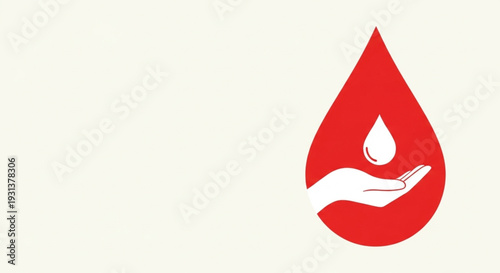 A striking red blood drop icon symbolizing life-saving blood donation and humanitarian aid, with a gentle hand cradling a small drop, emphasizing the act of giving and health