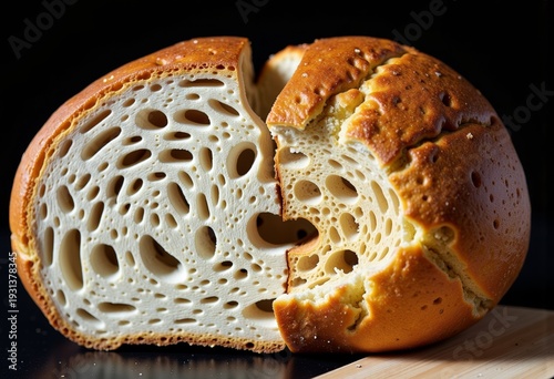 Close-up of a freshly baked round bread loaf showcasing a unique pattern of airy, irregular holes with a golden crispy crust against a dark background.