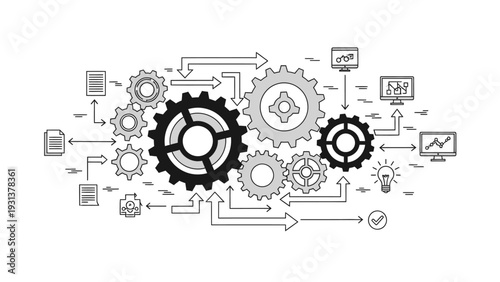 Business process and industrial automation concept with gears and data icons.