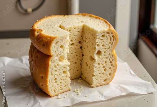 Close-up image of a round, tall loaf of homemade bread with a soft, airy interior and golden-brown crust, placed on a white paper surface in a kitchen setting.