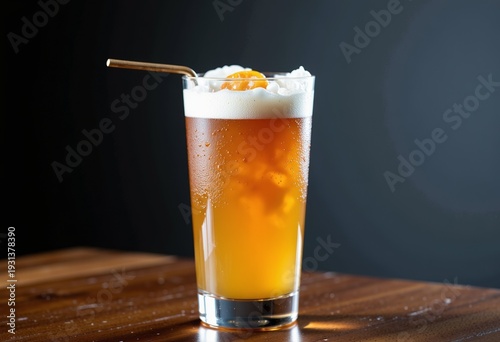 Highball glass with refreshing iced tea topped with creamy foam and orange slice on wooden table against dark background, featuring straw for sipping