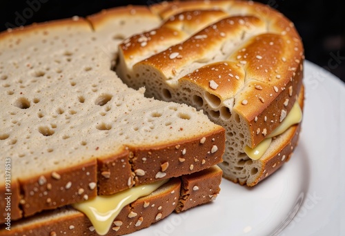 Close-up of a Deliciously Layered Sandwich with Cheddar Cheese on Multi-grain Bread with Crust and Seeds Displayed on a White Plate