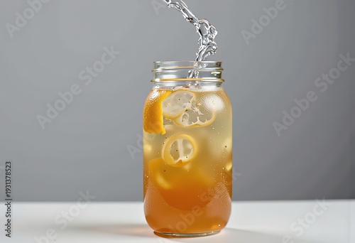 Refreshing Beverage with Citrus Slices in a Glass Jar Being Filled with Sparkling Water Against a Neutral Background