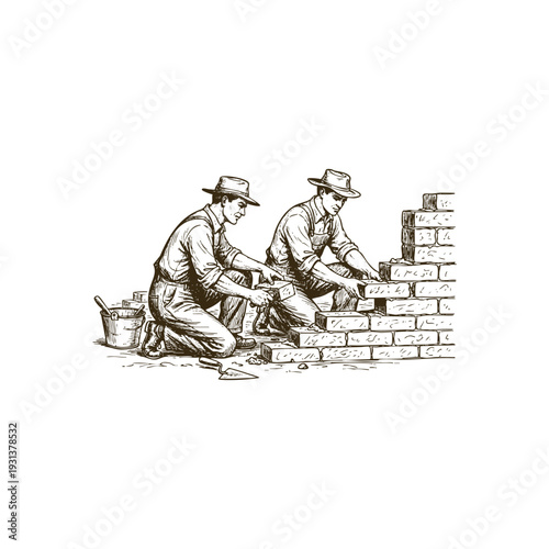Vintage engraving illustration of two professional bricklayers or masons building a brick wall together using traditional tools.