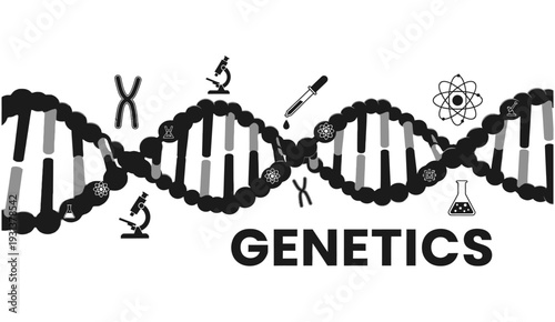Genetics concept with DNA helix structure and laboratory science icons on white background.