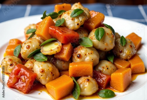 Vibrant Plate of Glazed Vegetables and Dumplings Garnished with Fresh Basil Leaves on a White Dish