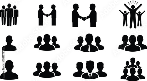 Collection of black silhouettes representing teamwork and business collaboration