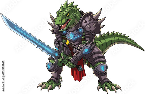 A futuristic green dinosaur wearing robotic armor holding a glowing blue sword stands ready for battle from a side view