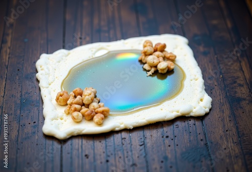 Vibrant Edible Artwork Featuring Colorful Glaze and Crunchy Edible Accents on a Rustic Wooden Surface