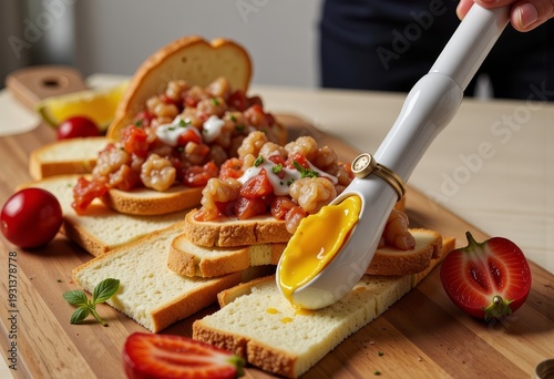 Close-up of a Culinary Presentation Showcasing Slices of Toasted Bread with a Layer of Shrimp and Tomato Topping, Adorned with Garnishes and Artful Techniques