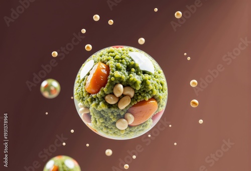Floating Sphere of Vibrant Green Couscous Encapsulating Nuts and Vegetables in an Artistic Abstract Culinary Representation