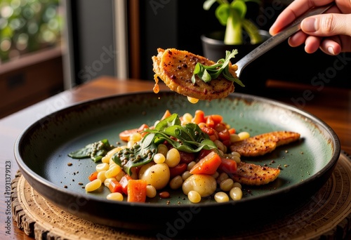 Gourmet Vegan Dish Featuring Grilled Plant-Based Protein with Heirloom Beans and Fresh Arugula on Rustic Ceramic Plate