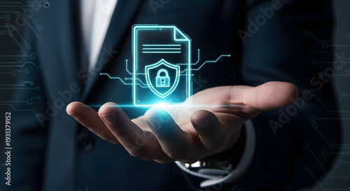 Data security concept with a hand presenting a glowing digital document icon with a shield and padlock