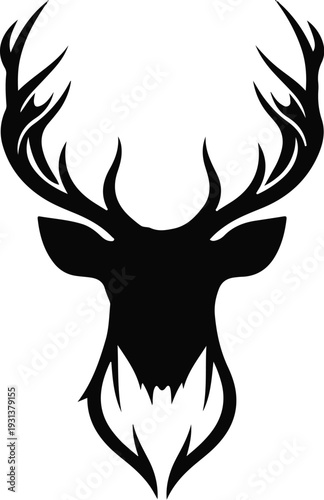 Stylized black silhouette of a stag's head with intricate antlers and a fanned lower jaw