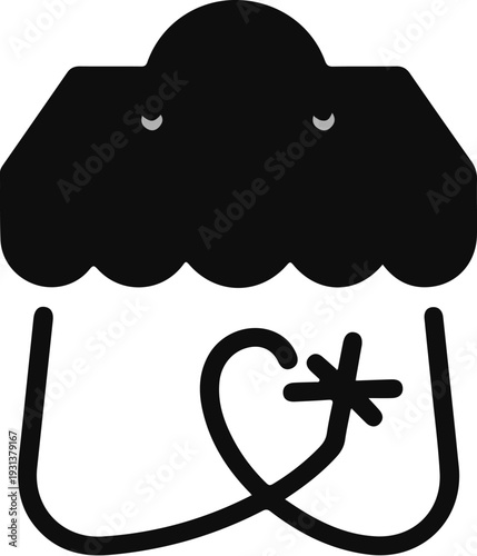 Stylized black outline of a shopping bag with handles and a wavy top