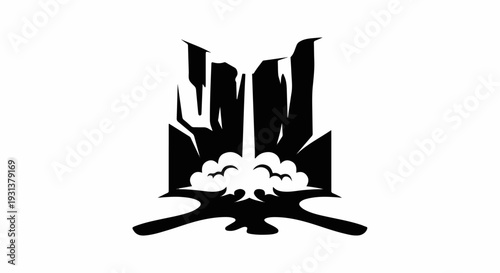 Stylized black silhouette of a waterfall crashing into mist and rocks
