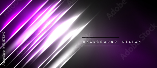 Abstract purple lines create dynamic diagonal pattern. Bright glow emphasizes central area, contrasting dark background. Modern design element.