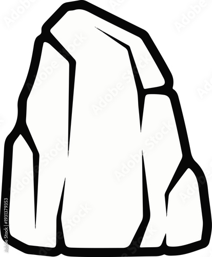 Stylized representation of a large, angular rock formation with thick black outlines