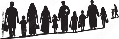 Families and refugees walking line silhouette vector illustration migration group in line art