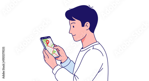 Young man looking at a mobile phone screen with a GPS navigation map.