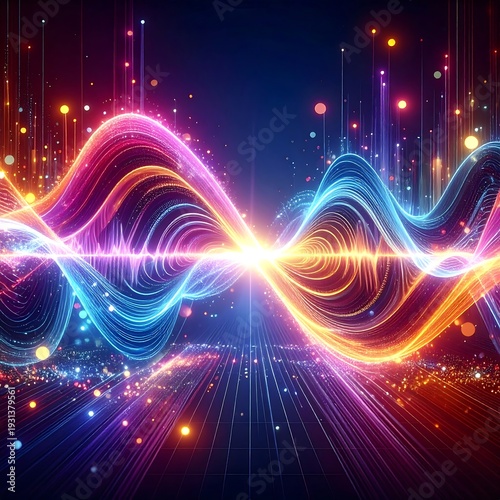 Vibrant, multicolored waveform with glowing lines and particles on a dark background