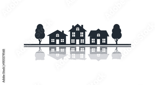 minimalist silhouette illustration of suburban houses and trees reflected on a calm surface ideal for real estate and community concepts.