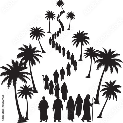 People silhouette walking through oasis with palm trees vector illustration line art style
