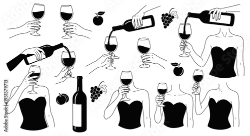 minimalist wine vector illustrations hands holding and pouring red wine women drinking bottle grapes for beverage design