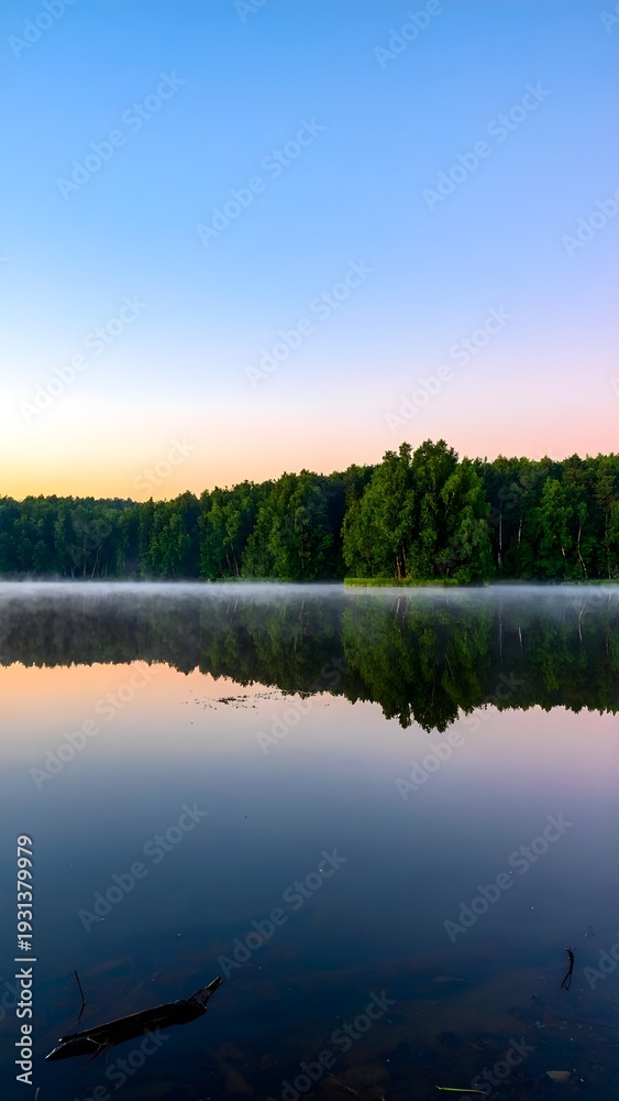 Fototapeta premium Serene lake reflecting a forest line during sunset with soft pastel sky tones. Peaceful natural scenery.