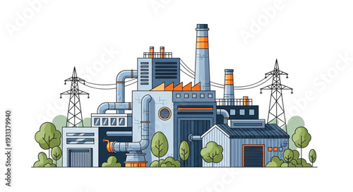 Industrial Factory with Power Lines.
