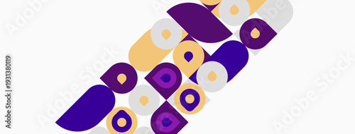 Abstract design features overlapping purple, gold, gray shapes. Circles, rounded rectangles create dynamic composition. Minimalist aesthetic.