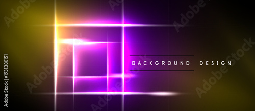 Vibrant neon rectangles overlap, creating glowing lines. Dark background emphasizes bright colors, modern design element.