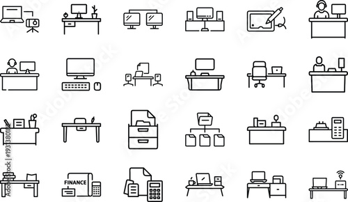 Modern Office Workspace Line Icon Set, Business Workplace Desk Computer Furniture Outline Vector Icons Collection for Web App UI UX Infographic Dashboard and Office Management Design
