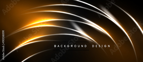 Abstract design features curved lines, glowing orange, white hues. Dark background creates dramatic visual effect. Modern, dynamic composition.