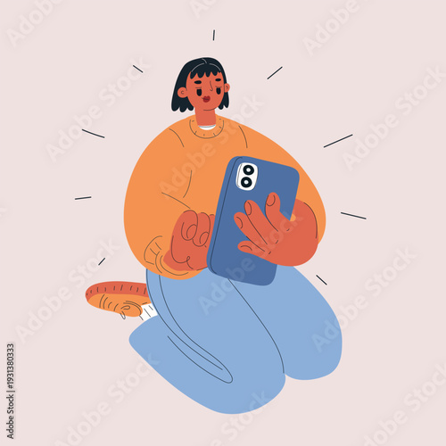 Cartoon vector illustration of woman sitting in cozy pose using smartphone, digital comfort concept, glowing screen as metaphor for pocket universe and modern solitude