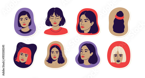 Diverse set of hand-drawn woman avatar stickers featuring various hairstyles, hair colors, and facial expressions in a flat design style isolated on white for social media and branding projects.
