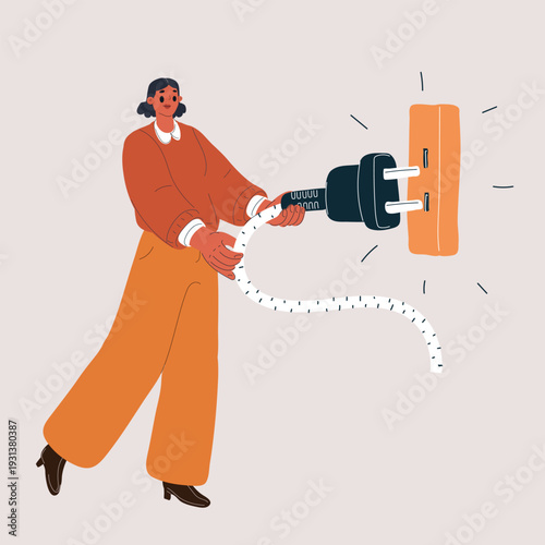 Cartoon vector illustration of woman unplugging electrical plugs from socket, digital detox concept, pulled cords as metaphor for cutting energy drain and reclaiming control