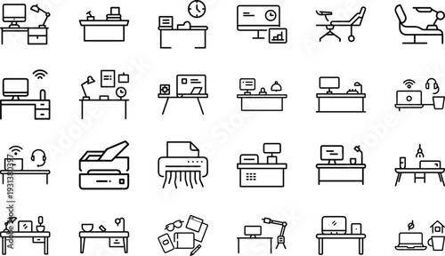Modern Office Workspace Line Icon Set, Business Workplace Desk Computer Furniture Outline Vector Icons Collection for Web App UI UX Infographic Dashboard and Office Management Design