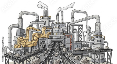 Industrial Factory with Pipes and Machinery.