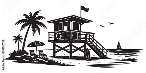Summer Beach Lifeguard Tower Silhouette, Vector Illustration, Isolated on White Background
