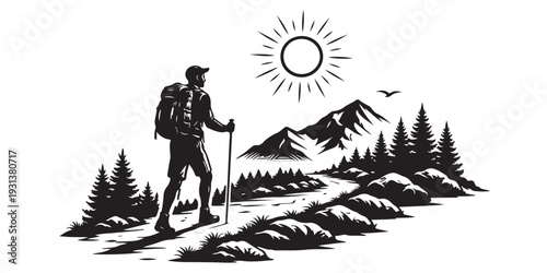 Summer Hiking Silhouette, Vector Illustration, Isolated on White Background