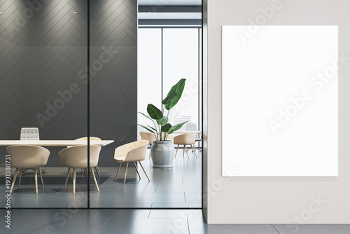 Vertical blank poster mockup in modern office interior beside glass conference room wall with clean contemporary design elements. 3D Rendering