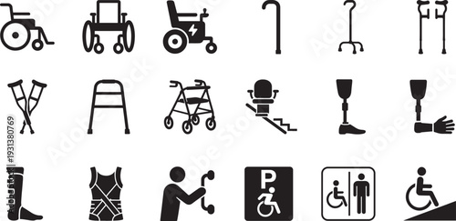 Mobility aid linear icon set. Accessibility support equipment outline vector collection.