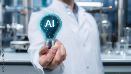 A scientist in a lab coat holding an AI lightbulb