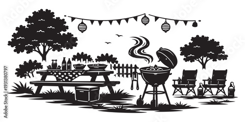 Summer Barbecue Silhouette, Vector Illustration, Isolated on White Background