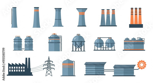 Collection of industrial factory buildings and structures illustration.