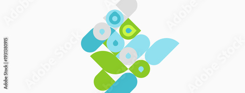 Abstract shapes overlap, creating dynamic composition. Colors include blue, green, gray. Design feels modern, fresh, energetic.