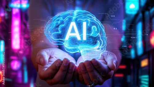 A person holding a glowing blue AI brain in their cupped hands