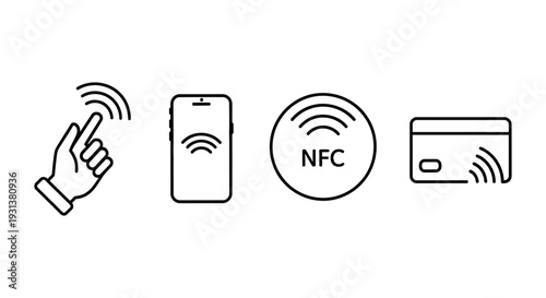nfc and contactless payment technology icons illustrating modern digital wallet and secure mobile transaction methods for tap-to-pay.